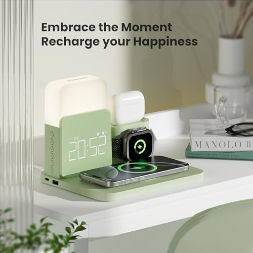 Multifunctional 7-in-1 Wireless Charging Station with Dual Alarm Clock – Seamlessly Compatible Dock for i Phone 16/15/14/13/12/11/Pro/Max, Samsung Phones, Apple Watch 9/8/7/6/5/SE, and Air Pods – Fast Charging, Night Light, and Safety Features for Ultimate Convenience and Style