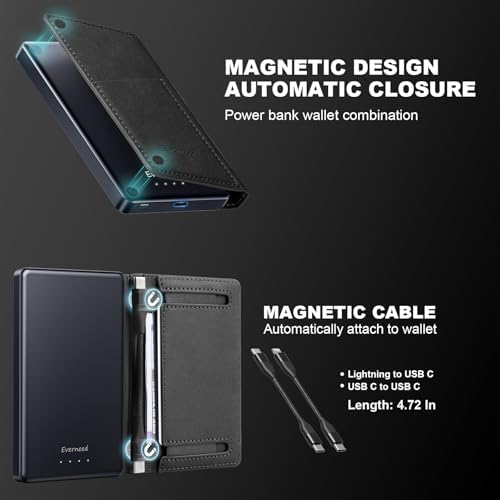 Ultra-Slim 5000 m Ah Portable Wallet Power Bank with Integrated USB-C and Lightning Cables – Universal Travel Charger for i Phone, i Pad, Samsung, Pixel, LG, Moto, and More – Rapid Charging Solution for On-the-Go Connectivity and Device Compatibility