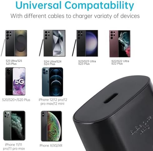 25 W Ultra-Fast USB-C Charger Block with 6.6 FT Type-C Cable for Samsung Galaxy S25/S24/S23/S22/S21/S20 & Note Series – High-Speed Charging Solution for Android Devices with Safety Features and Compact Design