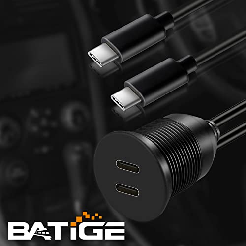 BATIGE Waterproof Dual Port USB-C 3.1 Flush Mount Cable for Vehicles – 3 ft Male to Female Extension for Car, Truck, Boat, and Motorcycle – High-Speed Data Transfer and Charging Solution with Sleek Design and Enhanced Durability