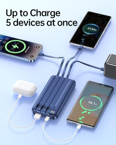 Ultimate 20,000 m Ah Portable Charger with Built-in Cable – Slim 22.5 W Fast Charging Power Bank for i Phone, Samsung, and Android Devices with LED Display, 5 Outputs & 3 Inputs – Essential Travel Companion for Uninterrupted Connectivity