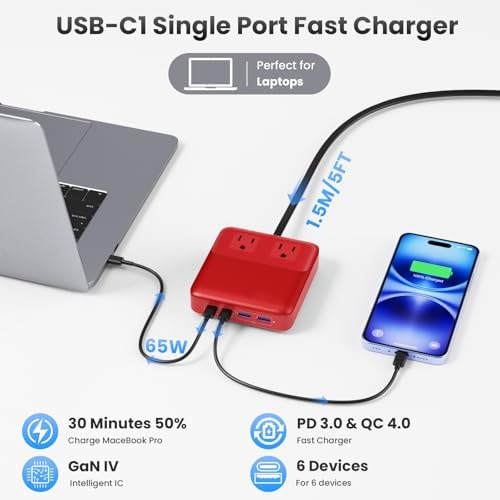 High-Power 135 W Ga N USB C Charging Hub – 6-in-1 Power Station with 2 AC Outlets, 2 USB-A & 2 USB-C Ports, 5 ft Cord, Ideal for PD 65 W Laptop Charging (Mac Book Air/Pro, i Phone 16/15, Galaxy S24) – Fast, Efficient, Universal Device Charger for Home and Travel