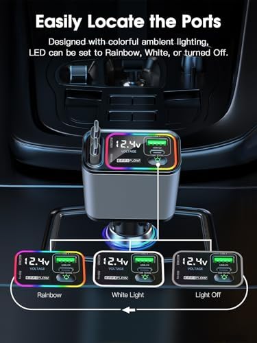 Ultimate 107 W Fast Charging Retractable Car Charger with Built-in Lightning & USB-C – Superior Compatibility for i Phone 16/15/14, Samsung S24/S23/S22, Pixel 9/8/7 – Sleek Black Design for Organized Travel and Efficient Power Solutions