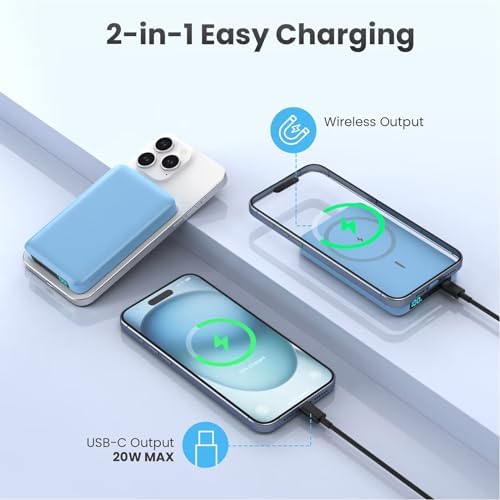 Ultra-Slim Magnetic Portable Charger 10800 m Ah Power Bank with LCD Display – Fast 20 W PD USB-C Input/Output, Wireless Charging for Mag Safe-Compatible i Phones Including 16/15/14/13 Series – Lightweight Travel Essential for On-the-Go Power