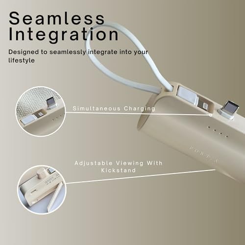 Dune Tan Compact 5000 m Ah Power Bank – Ultra-Fast Charging Solution with Dual Type-C & i Phone Compatibility, Integrated Kickstand for Hands-Free Use, Sleek On-the-Go Essential for Android & i Phone Devices, USA-Engineered for Maximum Performance and Portability