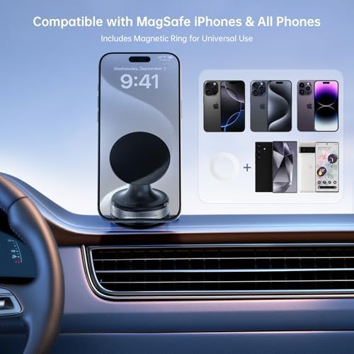 Vacuum Magnetic Car Phone Holder/Mount/Stand with Ultra Strong Suction Cup, 360°Rotating Gym/Shower Cellphone Holder Fit for MagSafe iPhone 12/13/14/15/16 Pro Max & All Smartphones – Enhanced Compatibility and Speed
