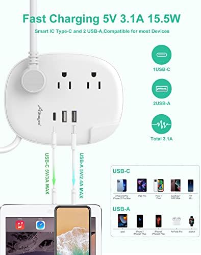 Alitayee 20 W USB-C Power Strip: Compact 3-Outlet Surge Protector with Fast Charging & Flat Plug for Travel, Home, and Office – Ideal for i Phone and QC 3.0 Devices with 3 ft Extension Cord for Maximum Portability and Compatibility