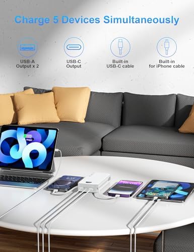 Ultimate 20,000 m Ah Portable Charger with Wall Plug – Fast Charging USB-C Power Bank with Built-in Cables, Digital Display, and Versatile 5 Output Ports for i Phone, Android, and Tablets – Stay Charged Anywhere with Enhanced Compatibility and Speed