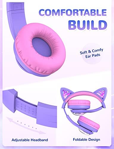 Magical Cat Ear Bluetooth Headphones for Kids – Mesmerizing Gradient Pink with LED Glow, 50-Hour Battery Life, Safe 74/85 d BA Volume Limiting, Superior Bluetooth 5.2 Connectivity & Rapid USB-C Charging for Ultimate Travel Convenience and Enjoyment