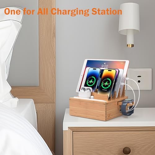 Bamboo Charging Station Organizer with 5-Port USB Hub and Charging Cables – Elegant Multi-Device Dock for Phones, Tablets, and Smartwatches – Eco-Friendly and Efficient Charging Solution for Home and Office Decor