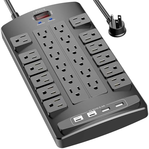 Ultimate QINLIANF Surge Protector Power Strip – 6 Ft Heavy-Duty Extension Cord with 24 Versatile Outlets and 4 High-Speed USB Ports (2 USB-C), 1875 W/15 A Capacity, 4100 J Surge Protection for Home, Office, and Dorm Use – ETL Certified for Maximum Safety and Reliability