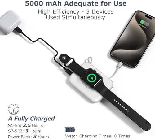 Ultimate 3-in-1 Wireless Watch Charger Power Bank: 5000 m Ah Portable Travel Charger with Dual USB-C Cables – Rapid Charging for Apple Watch Series 1-9 & i Phone 15/Samsung – Lightweight Design with Advanced Safety Features for Hassle-Free On-the-Go Charging