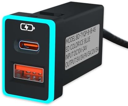 Compact Car Charger for Toyota with PD QC3.0 Fast Charge and LED Light Show – Stylish Ice Blue Type C USB Socket for Rapid Device Charging and Enhanced Compatibility