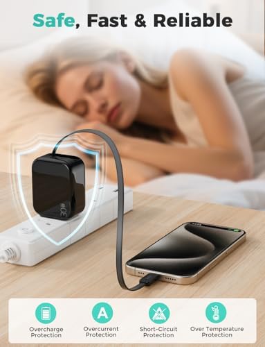 Compact Retractable 2-in-1 Wall Charger with USB-C and 27-inch Cable – 30 W Fast Charging Adapter for i Phone 16/15, i Pad, Galaxy & Pixel – Sleek Black, Perfect for Travel and Enhanced Device Compatibility