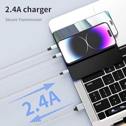 Ultra-Fast 240 W 4-in-1 USB C Charging Cable with Breathing Light Indicator – Multi-Device Compatibility for i Phone, i Pad, Samsung Galaxy, and Mac Book – 5 Ft Durable Cord in Stylish Purple for Efficient Data Sync and Enhanced Charging Performance