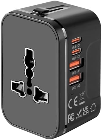 Global Travel Power Adapter with Dual USB-C & USB-A Ports – Compact & Efficient Universal Charger for USA, EU, UK & AUS – Reliable Fast Charging Solution for Tech-Savvy Travelers in Sleek Black Finish