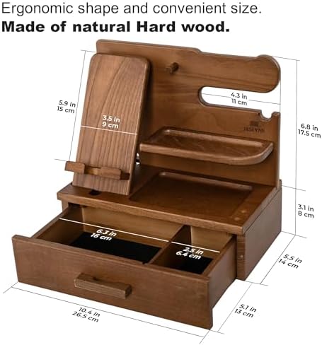 TESLYAR Wood Phone Docking Station with Drawer – Nightstand Organizer – Desk Organizer for Husband – Birthday Gifts for Men, Dad, Anniversary Idea, Key Holder Stand Watch & Accessories (Bourbon Brown) – Enhanced Compatibility and Speed