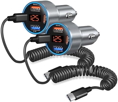 65 W Multi-Port Type C Car Charger with Voltage Display – Ultra-Fast Charging for Galaxy S25, S24, S23 Ultra & More, Includes 5 FT Coiled Cable – PD/QC3.0 Compatible USB C Adapter for On-the-Go Power