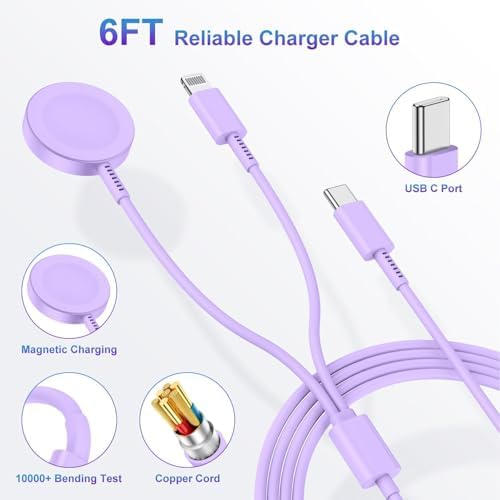 Revolutionary 2-in-1 USB C Charger for Apple Watch & i Phone – 6 FT Magnetic Fast Charging Cable with USB-C Wall Adapter – Compatible with Apple Watch Series 8/7/6/SE/5/4 & i Phone 14/13/12 – Ultimate Convenience & Enhanced Durability for On-the-Go Charging Solutions