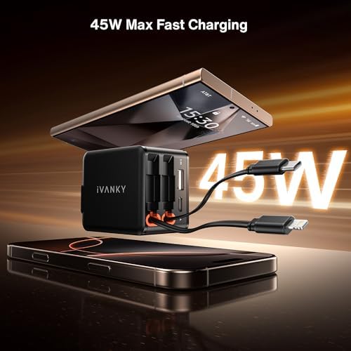 i VANKY 84 W Retractable Wall Charger – 4-Port USB Power Adapter with Dual Cables for Fast Charging – Compact Travel Solution for i Phone 16/15, i Pad, Samsung – Smart Charging Hub for Home and Office Efficiency