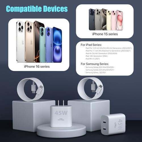 High-Speed 45 W USB-C Wall Charger for i Phone 16 Pro Max – Includes 6 FT Long Charging Cable for Ultimate Flexibility and Rapid Power Boost – Perfect for i Phone 16 Series & Samsung S24 – Compact Design with Advanced Safety Features