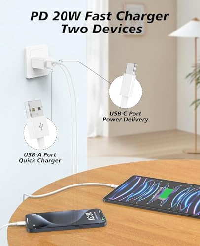 Rapid Dual-Port QC+PD USB C Wall Charger Block with Four 6 FT Cables – Unleash Fast Charging for i Phone 15/16, i Pad Pro, and Samsung Devices – Ideal for Home, Office, and Travel – Universal Compatibility for All Your Power Needs