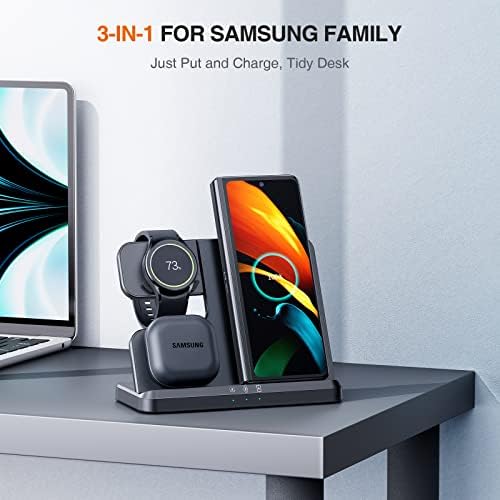Elevate Your Charging Experience with the LK 3-in-1 Wireless Charger – Fast Charging Station for Samsung Galaxy Devices, Compatible with Galaxy Watch Ultra/7/6/5 Pro, S24 Ultra/S23/S22/S21, Z Fold/Flip 6/5/4/3, and Galaxy Buds (Black) – Compact Design with Enhanced Safety Features and LED Indicators for Seamless Power Management
