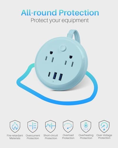 KOOSLA Compact Flat Plug Power Strip with USB C Ports – 2 AC Outlets & 3 Fast-Charging USB Ports for Ultimate Travel Convenience – 1250 W Capacity, 5 ft Cord – Ideal for Cruise Ships, Dorms, Homes, & Offices – Lightweight, Space-Saving Design for Multi-Device Charging