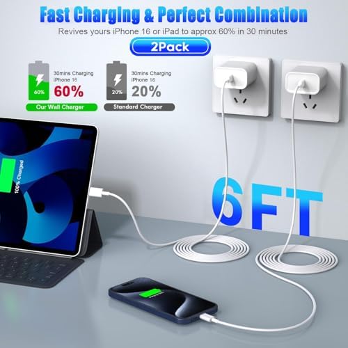 Ultra-Fast i Phone 16 Charger Bundle – Dual 20 W USB-C Wall Plugs with 6 FT High-Speed Type-C Cables for i Phone 16 Pro Max, 15 Series & i Pad Pro – Enhanced Safety Features and Travel-Friendly Design for Maximum Efficiency
