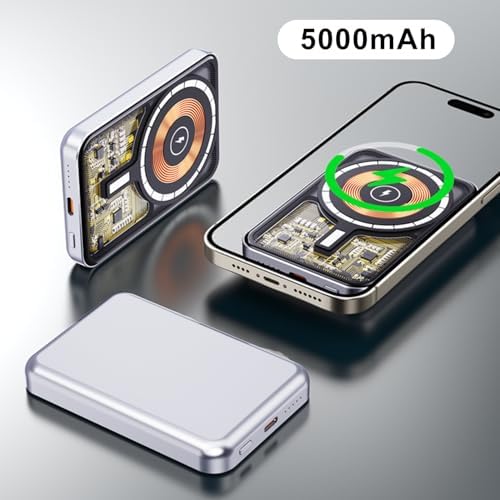 Ultra-Fast Magnetic Wireless Power Bank – 15 W Mag Safe-Compatible Portable Charger for i Phone 15/14/13/12/11/X | 5000 m Ah PD 20 W | Sleek Silver Design for Effortless Charging on the Go