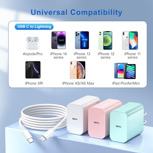 MFi Certified 20 W Fast Charger Bundle for i Phone 14, 13, 12, 11 – 3 Pack USB-C Charger Blocks with 3 FT, 6 FT, & 10 FT Lightning Cables – Ultimate Compatibility & Rapid Charging Solution for i Phone Models Including Pro, Pro Max, Xs, Xr – Portable & Durable Design for Home, Office, & Travel