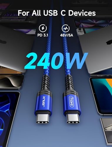 JSAUX 10 FT 240 W USB C to USB C Charging Cable – Premium Nylon Braided Fast Charger for Mac Book Pro, i Phone 16/16 Pro Max, Samsung Galaxy, Pixel – Enhanced Durability and Data Transfer Speeds – Ultimate Compatibility for Modern Devices
