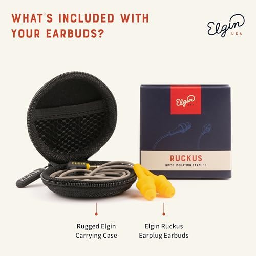 Elgin Ruckus+ OSHA Compliant Earplug Earbuds – 25 d B Noise Reduction Wired Headphones with Built-in Mic for Clear Communication – Sweatproof Design for Construction & Industrial Use – Enhanced Device Compatibility for Seamless Connectivity and Comfort