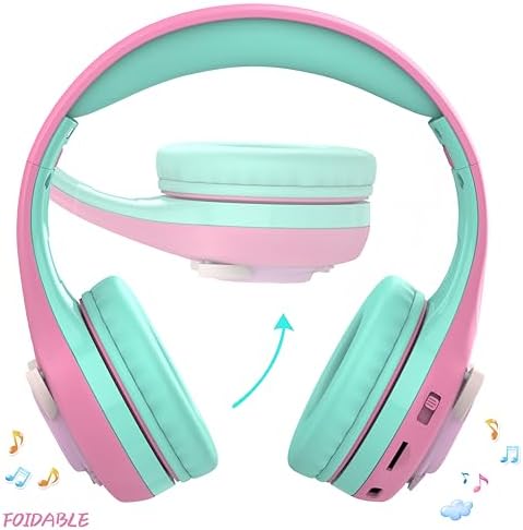 Riwbox CB-7 S Wireless Kids Headphones – Safe & Stylish Audio for Young Listeners with Adjustable Volume Control (74/85/95 d B), LED Glow Lights, 50 Hours of Playtime, Bluetooth 5.3 Connectivity, Built-in Microphone & TF Card Slot for School, Travel, and Home Use (Pink & Green) – Ideal for Active Lifestyles