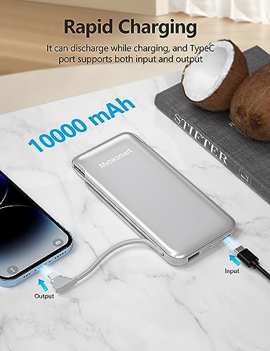 Dual 10000 m Ah Portable Power Bank Set with Built-In Cables and Fast Charging – Travel-Ready USB-C Charger for i Phone & Android Devices in Sleek White & Purple Design – Ultimate Compatibility for On-the-Go Power Solutions