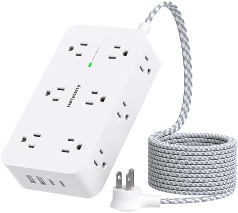 HANYCONY 12-Outlet Power Strip Surge Protector with 4 USB Ports (2 USB-C) – 6 ft Flat Extension Cord with 1800 J Surge Protection, Wall-Mountable Charging Station for Home, Office, and Dorm Room – Ultimate Device Connectivity and Fast Charging Solutions