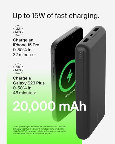 Belkin 20000 m Ah USB-C Power Bank – Dual USB-A Ports, Fast 15 W Charging for i Phone 16/15 Plus, Samsung Galaxy S25, Pixel, i Pad, Nintendo Switch 2 – Travel-Friendly Design in Pearl Blue for Enhanced Device Compatibility and On-the-Go Power
