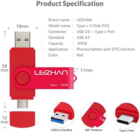Leizhan 128 GB Type C USB Flash Drive – High-Speed USB 3.0 OTG Thumb Drive for Samsung Galaxy S10, S9, Note 9 & Google Pixel XL – Versatile Dual Connector for Effortless Data Transfer and Enhanced Storage Solutions