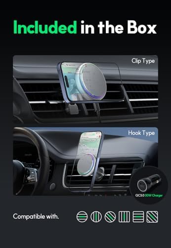 Qi2-Certified 15 W Aluminum Car Mount Charger for i Phone 16/15/14/13/12 – Fast Wireless Charging with Mag Safe Compatibility, Durable Air Vent Clip and 15 W Adapter Included for Optimal Performance and Convenience