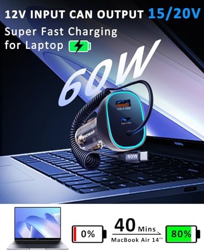 High-Performance 90 W USB C Car Charger with 5 ft Coiled Cable – Fast Charging Adapter for i Phone 15 Pro Max, Samsung Galaxy S24/S23, Mac Book & More – Sleek Transparent Design, Universal Compatibility, Ideal for Road Trips & Daily Commutes