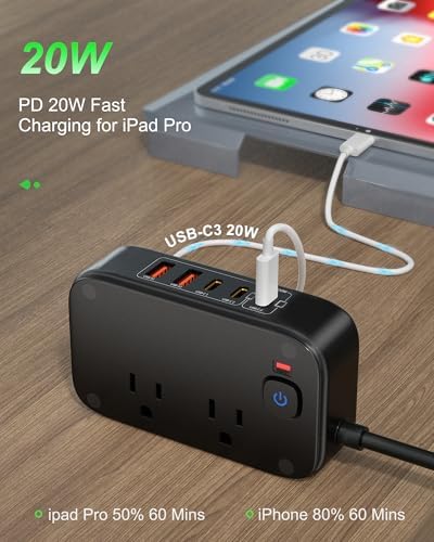 Ultimate 7-in-1 Power Strip with 65 W Ga N Technology | Flat Plug Design for Space-Saving | 3 USB-C & 2 USB-A Ports for Rapid Charging | 2500 W AC Outlet for Home, Office, College & Travel | Versatile Surge Protector for All Devices