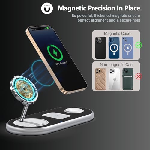 2025 Enhanced 3-in-1 Charging Station for Apple Devices | Fast Magnetic Mag-Safe Wireless Charger for i Phone 16/15/14/13/12, Apple Watch 1-10/Ultra, & Air Pods Pro | Sleek Silver Design | Compact & Portable Charging Solution for Home and Travel | Superior Compatibility and Rapid Charging Efficiency