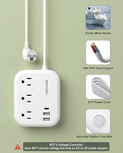 ROOTOMA 6 ft International Power Strip with 3 American Outlets & 3 USB Chargers – Essential US to EU Travel Adapter for Seamless Connectivity in Spain, France, Germany, Iceland – Compact & Durable Design for Travelers