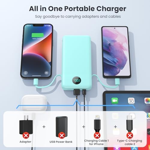 Ultimate USB C Power Bank with Dual Built-in Cables & AC Wall Plug – 13,800 m Ah Fast Charging Powerhouse for i Phone 16/15, Galaxy S23, Tablets – Compact LED Display, Universal Compatibility for On-the-Go Power Solutions