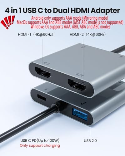 Fophmo Dual HDMI Adapter – 4 K@60 Hz USB C Hub with 100 W Power Delivery & USB-A Port for Enhanced Dual Screen Experience – Perfect for Gamers & Professionals Seeking Stunning Visual Clarity and Seamless Multitasking