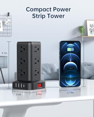 Ultimate Surge Protector Power Strip Tower with 10 FT Cord and 4 USB Ports (1 USB C) – 12 AC Outlets for Home Office and Dorm Room – Space-Saving Design with Enhanced Protection for Your Electronics and Fast Charging Solutions