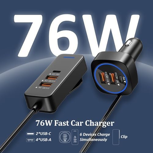 Fast Charge Your Devices on the Road with a 76 W Multi-Port Car USB Charger Featuring a 5.9 FT Extension – QC3.0 Technology for Quick, Efficient Power Delivery to Mobile Phones and Tablets – Ultimate Compatibility for Modern Travelers