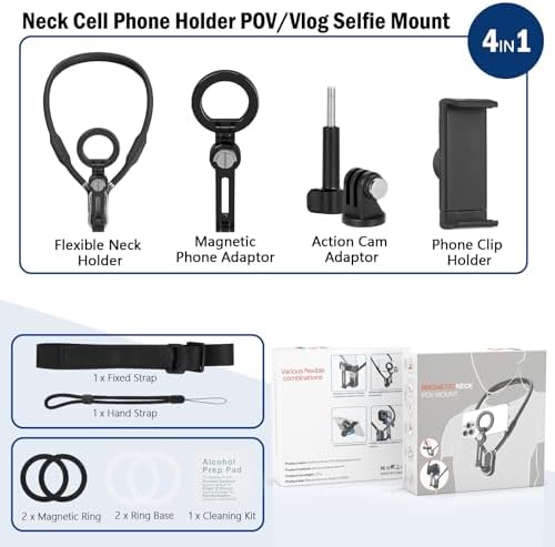 Magnetic Neck Phone Holder – 4-in-1 Hands-Free Mount for i Phone, Android, and Go Pro – Enhanced POV & Vlog Recording Accessory with Adjustable Comfort Neckband – Lightweight & Travel-Friendly Design for Effortless Content Creation – Ideal for Adventurers and Creators