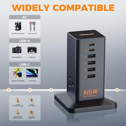 TESSAN 30 W 9-in-1 Multi-Device Charging Station with Surge Protection – Ultimate Charger Block for i Phone 16/15/14/13, Tablets, and Earphones – 5 ft Flat Extension Cord with 4 USB A & 2 USB C Ports – Compact Design for Home, Office, or Dorm – Enhanced Safety and Efficiency