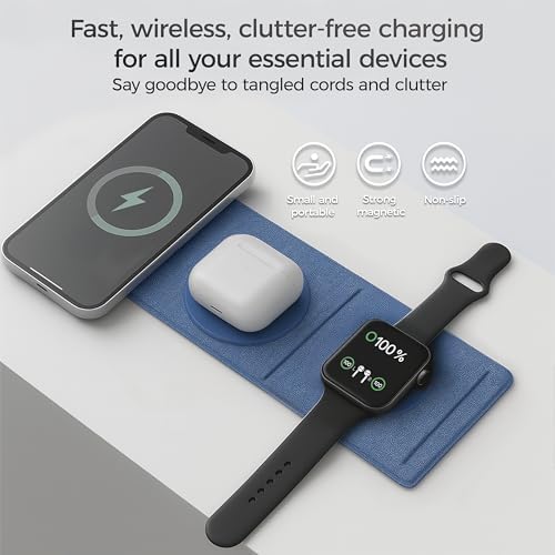Ultimate 3-in-1 Magnetic Wireless Charger for Apple Devices – Foldable Travel Adapter for i Phone 16/15/14/13/Pro/Max, Apple Watch, and Air Pods – 20 W Rapid Charging Power Supply Included for Unmatched Convenience and Enhanced Compatibility